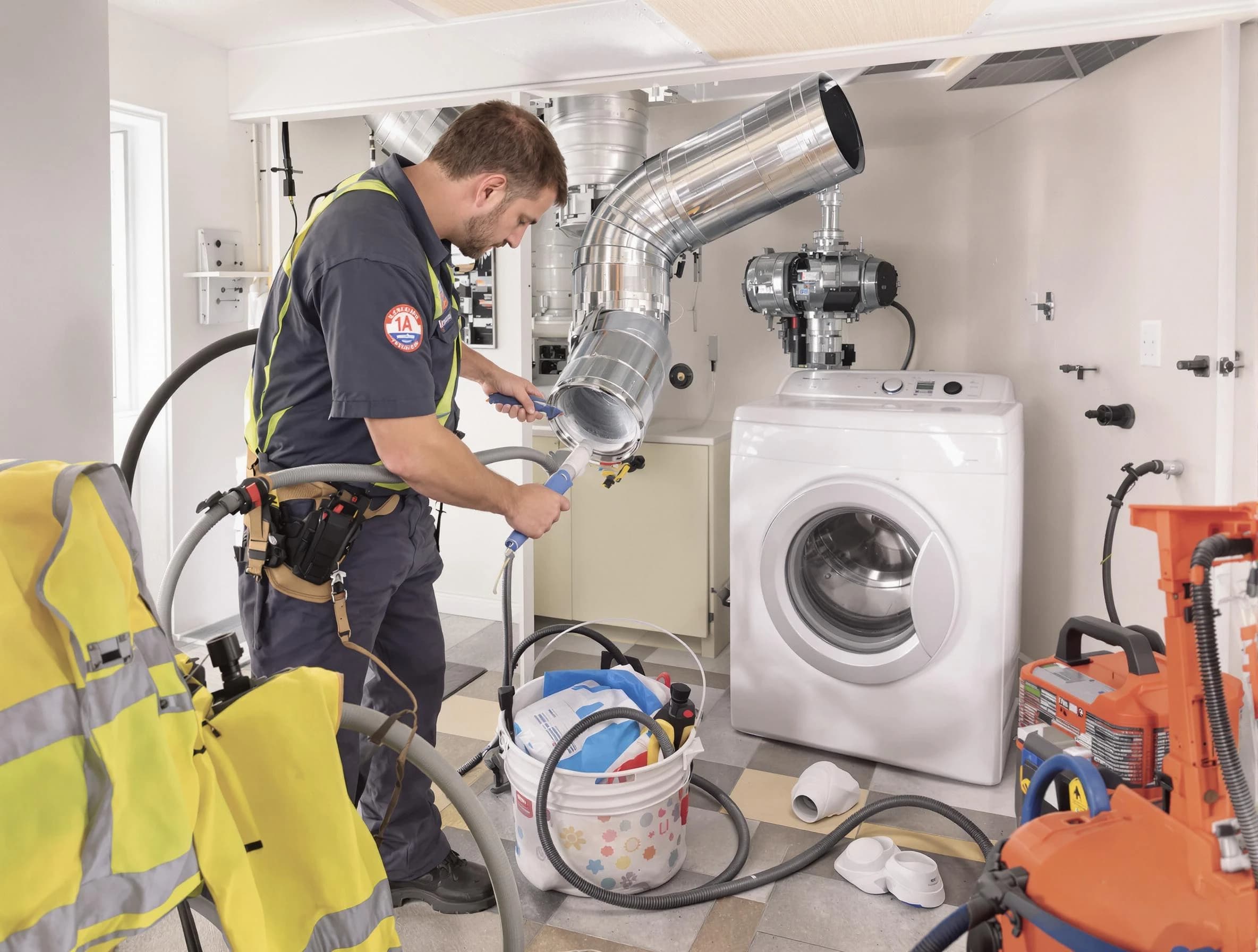 Riverside Dryer Vent Cleaning technician using specialized equipment to clear severe dryer vent blockage in Riverside